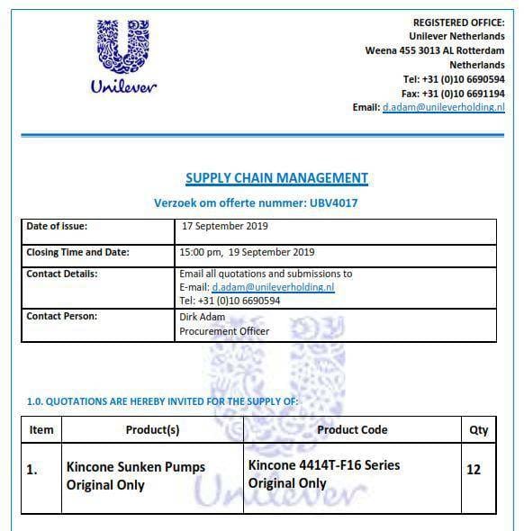 Article image of: Nieuwe scam: “Unilever” vraagt Kincone 4414T-F16 Series