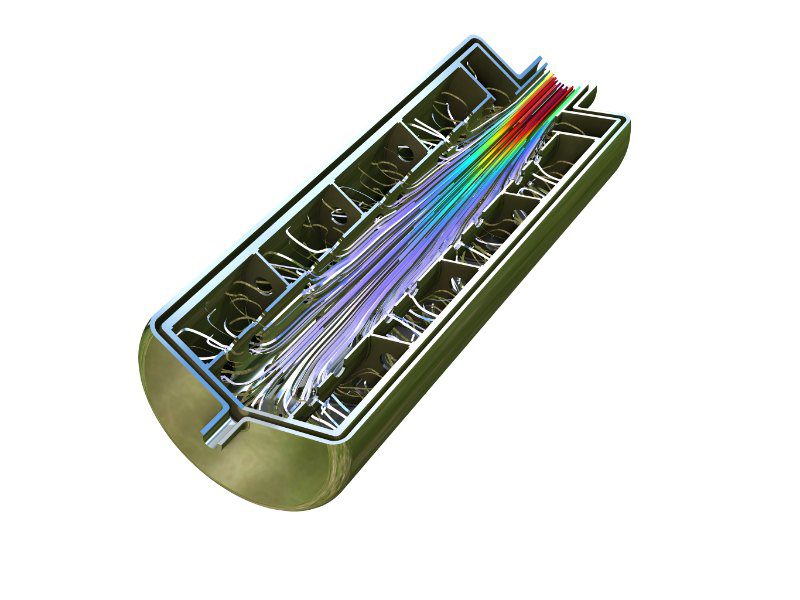Waterstofstromingsveld tijdens het herladen van een metaalhydridetank voor waterstofopslag. De temperatuur wordt geregeld door een mantel rond de reactor. Dergelijke simulaties worden doorgaans gebruikt om de laad- en ontlaadprocessen te optimaliseren.